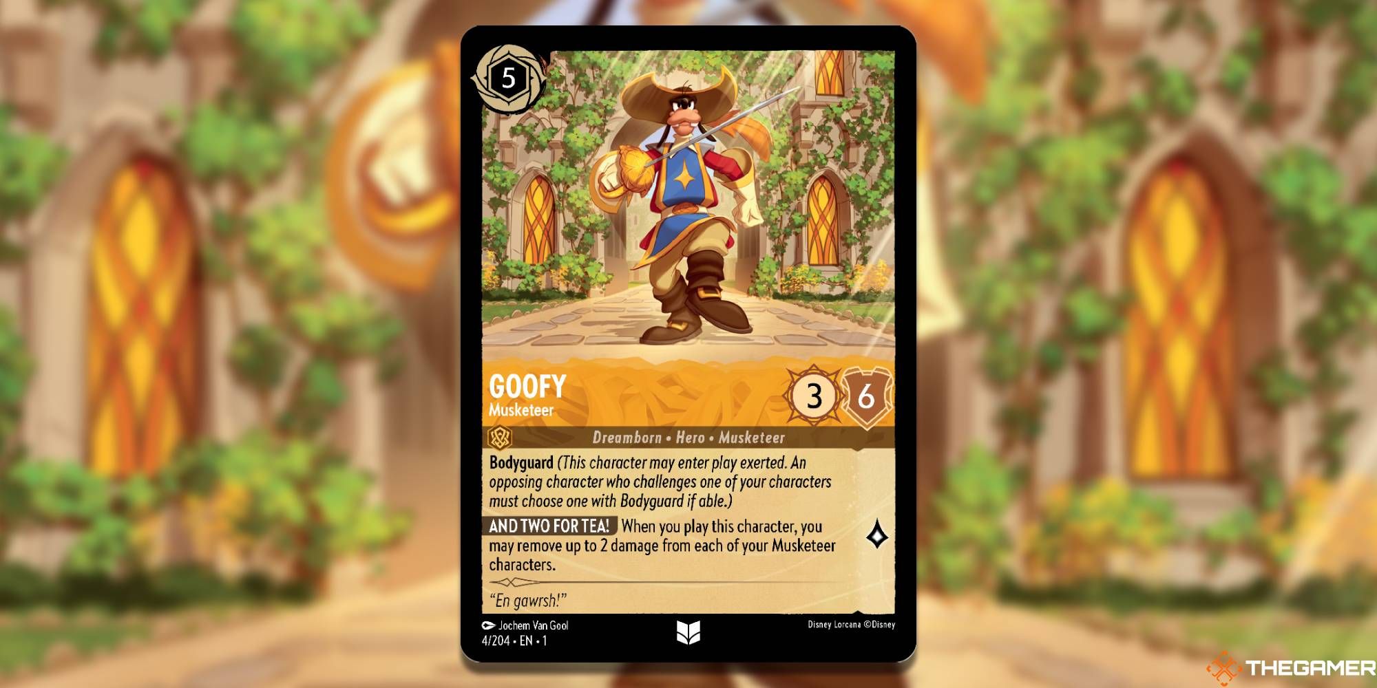 Goofy dressed up as one of the Musketeers standing in an archway to a castle from Disney's Lorcana
