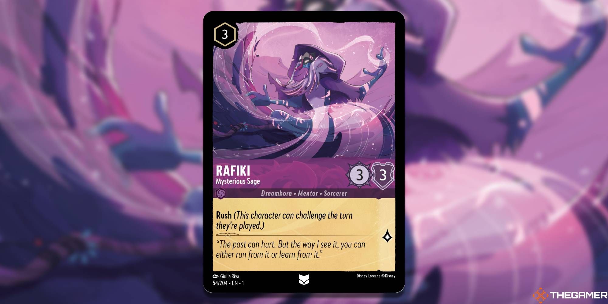 Rafiki is sitting surrounded by magical hazes of purples and pinks from Disney's Lorcana