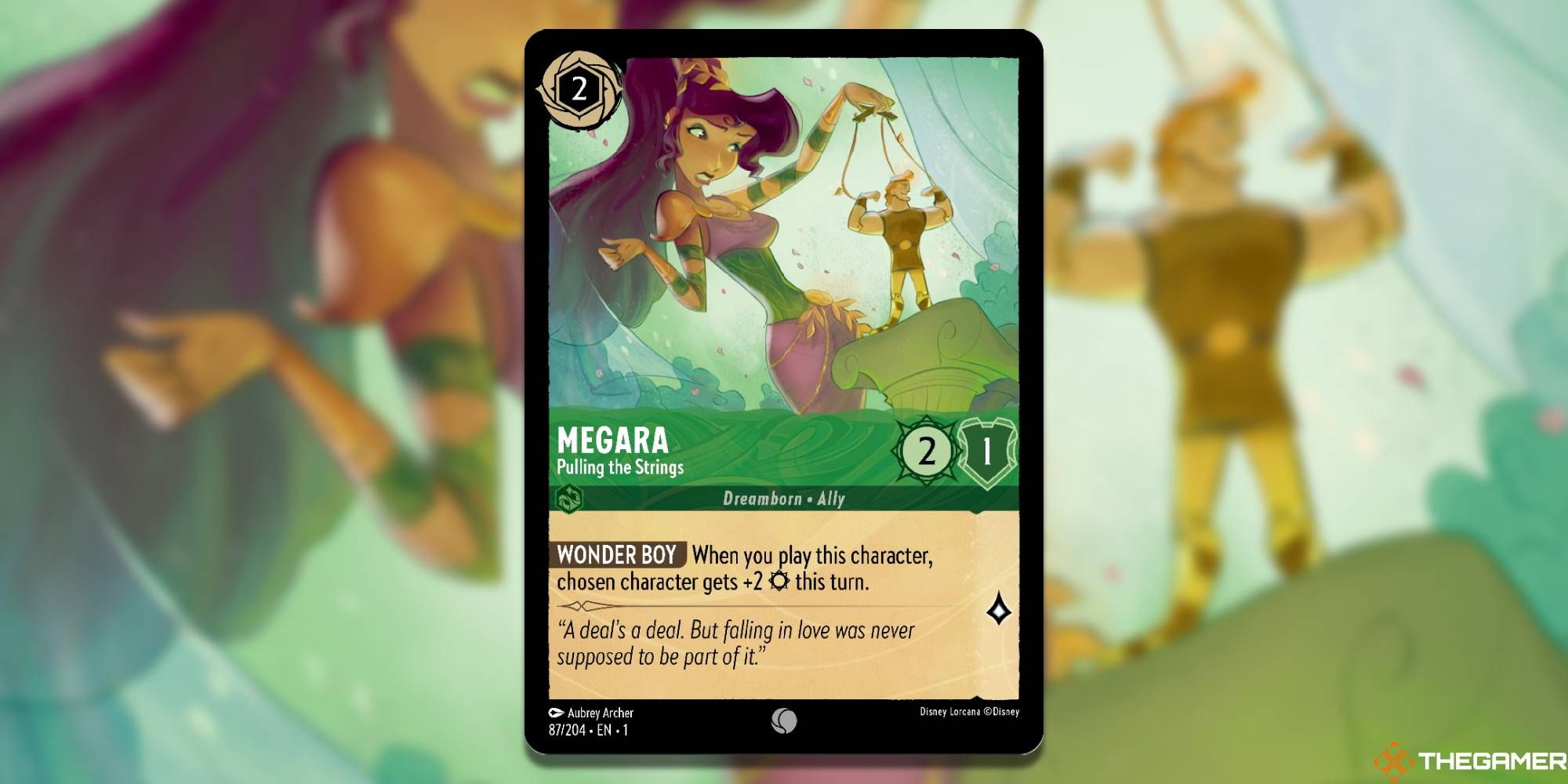 Image of a giant Megara holding the strings of a Hercules Puppet from Disney's Lorcana