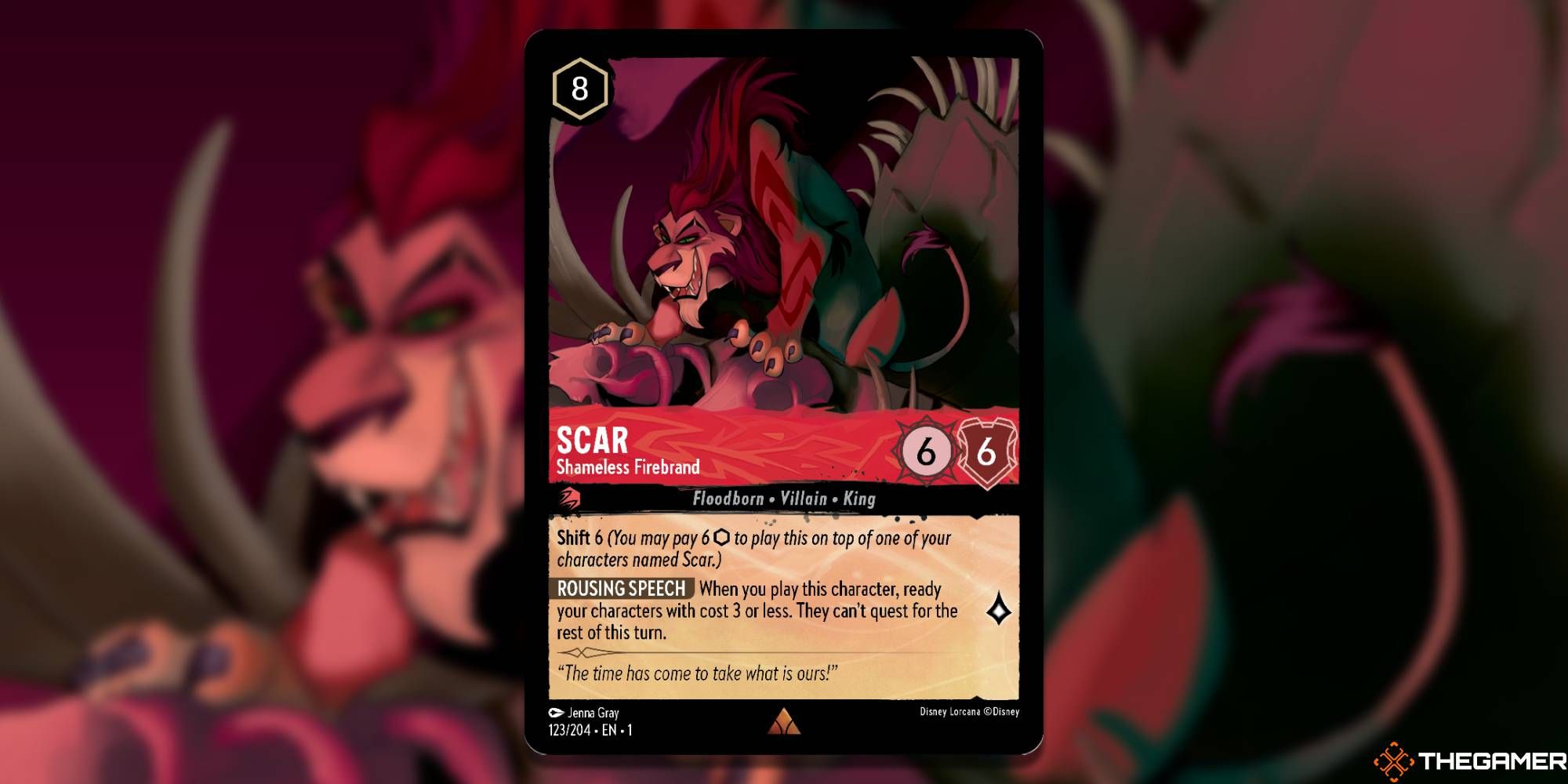 Scar looking down with a mischievous smile on his face from Disney's Lorcana