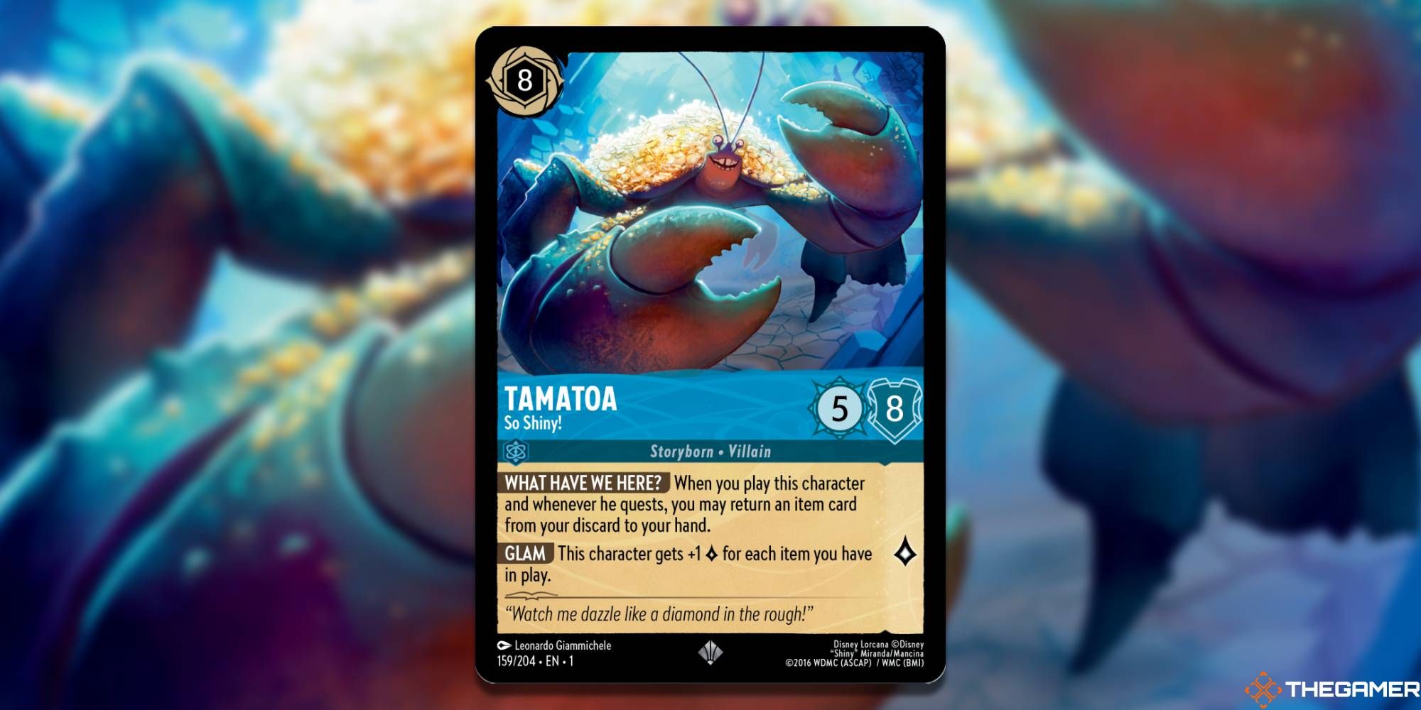 Disney Lorcana's art work of Tamatoa from Moana with piles of gold on his back
