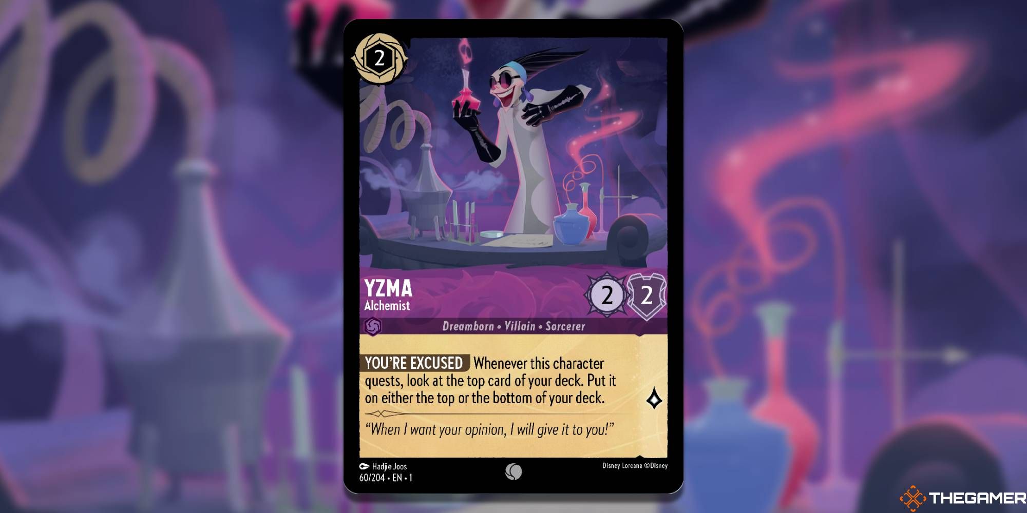 Disney Lorcana Artwork of Yzma in her science lab making a pink position 