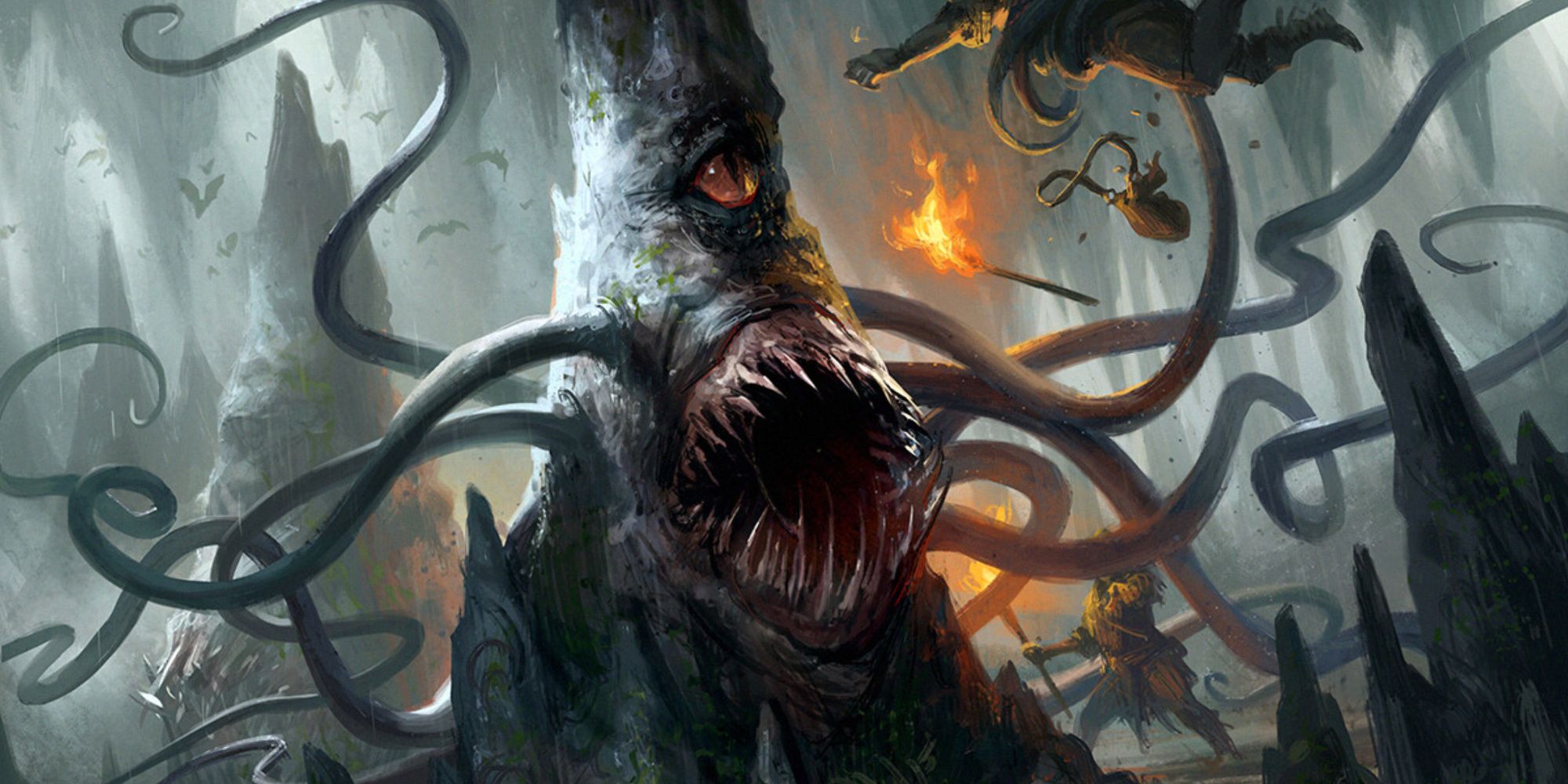 Lurking Roper attacking some adventurers and getting ready to eat one that it is holding who dropped their torch