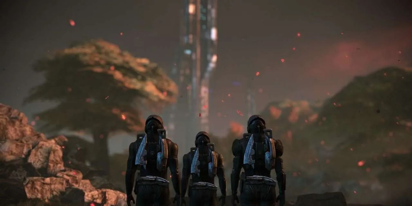 Three characers looking towards a building in Mass Effect Eden Prime
