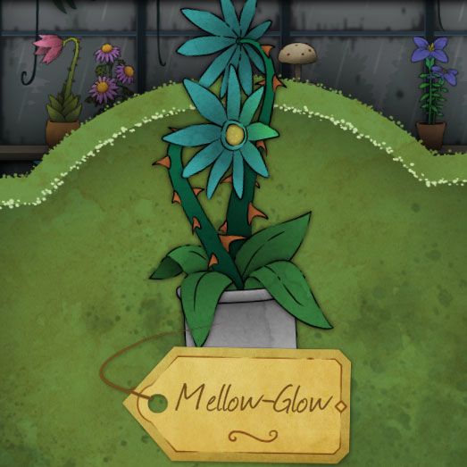 •	A blue, sharp-looking flower with a thick stalk covered in orange spikes called Mellow-Glow in Strange Horticulture