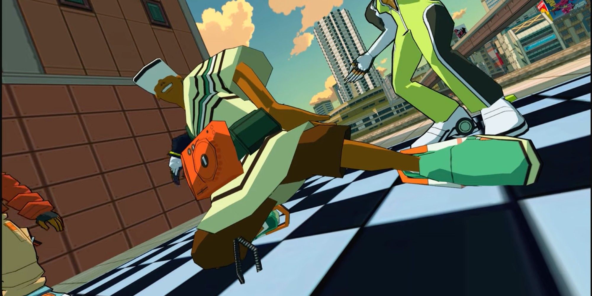 Mesh popping a finishing pose in Bomb Rush Cyberfunk.