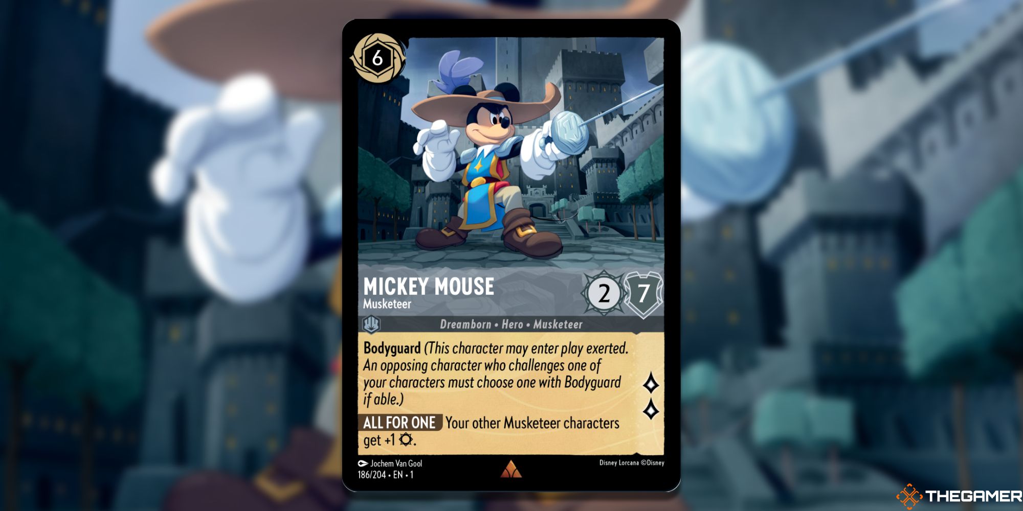Image of the Mickey Mouse Musketeer card in Lorcana, with art by Jochem Van Gool