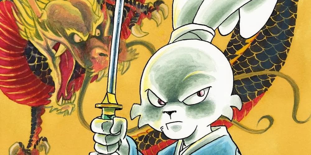 Miyamoto Usagi looks fierce while holding a sword and a dragon roars behind him.
