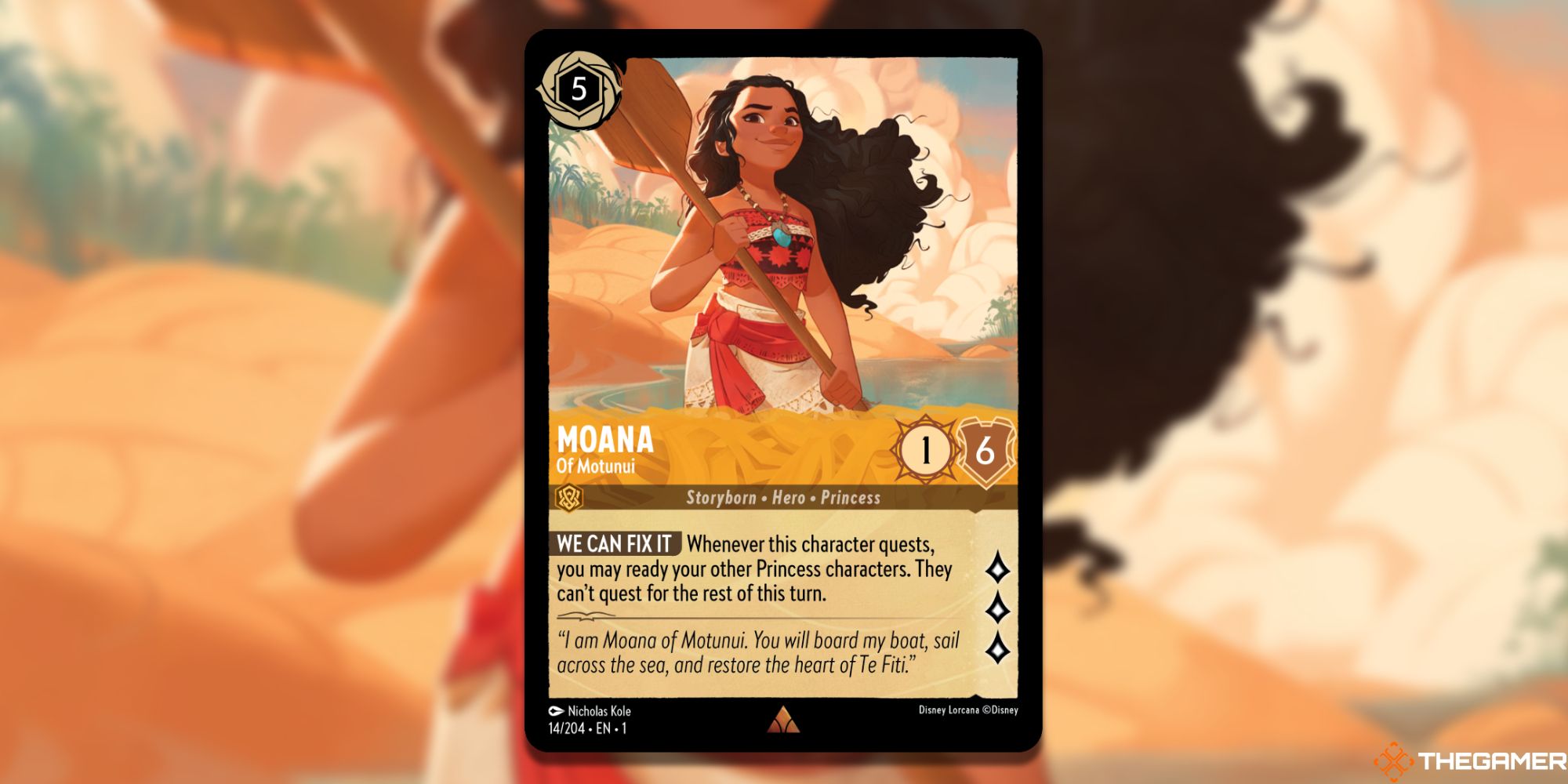 Image of the Moana of Motunui card in Lorcana, with art by Nicholas Kole