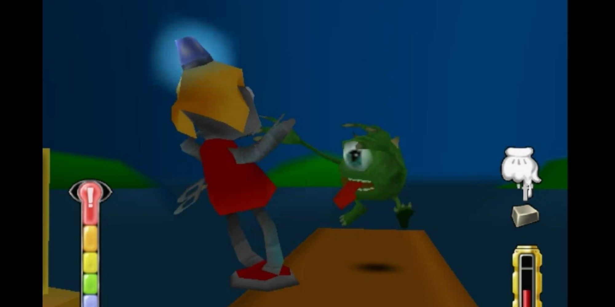 Mike Wazowski from Monsters, Inc. scaring the life out of a robot child for practice.