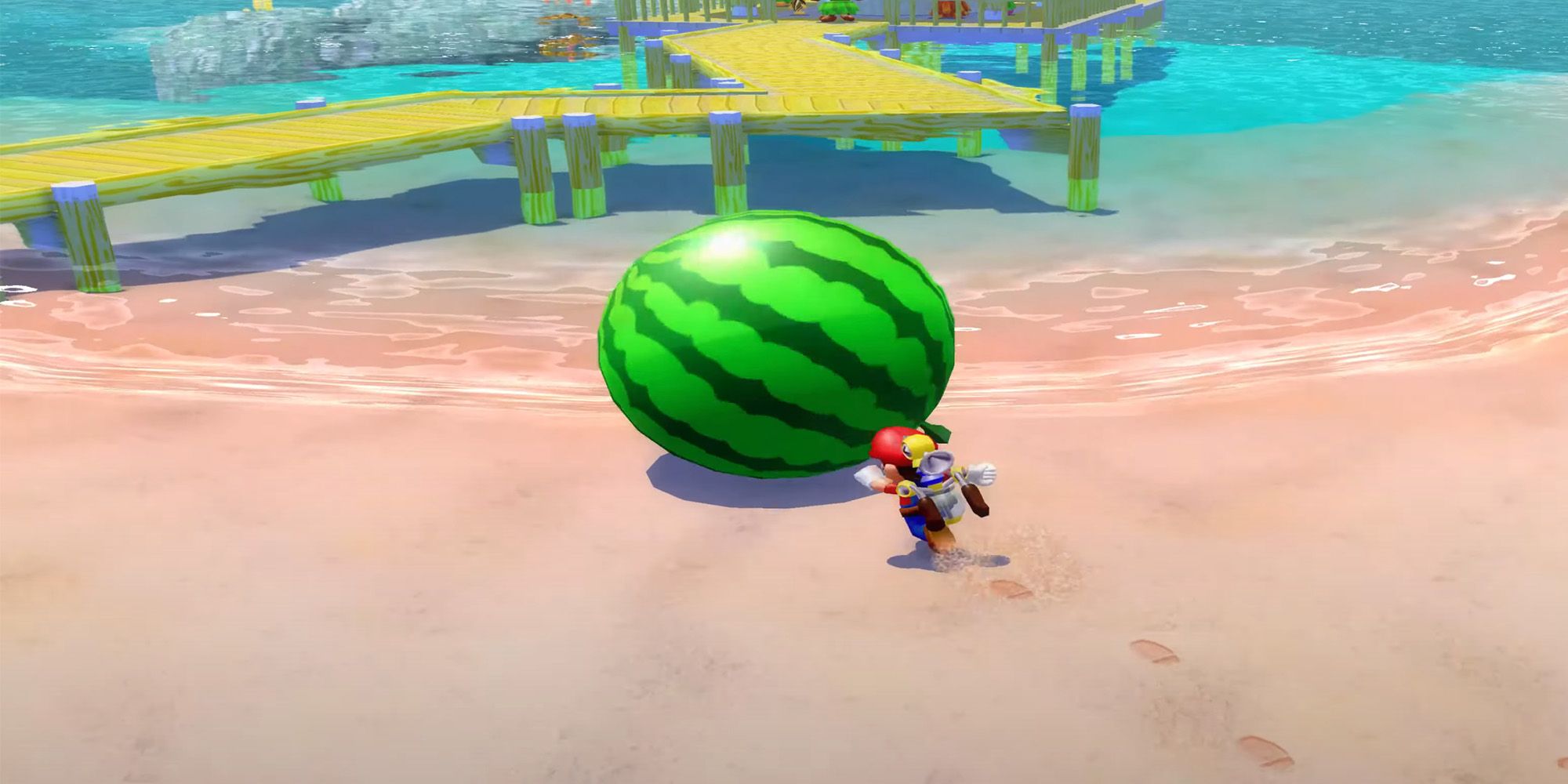 Super Mario Sunshine - The Watermelon Festival - Mario And F.L.U.D.D. Pushing A Giant Watermelon Across The Beach
