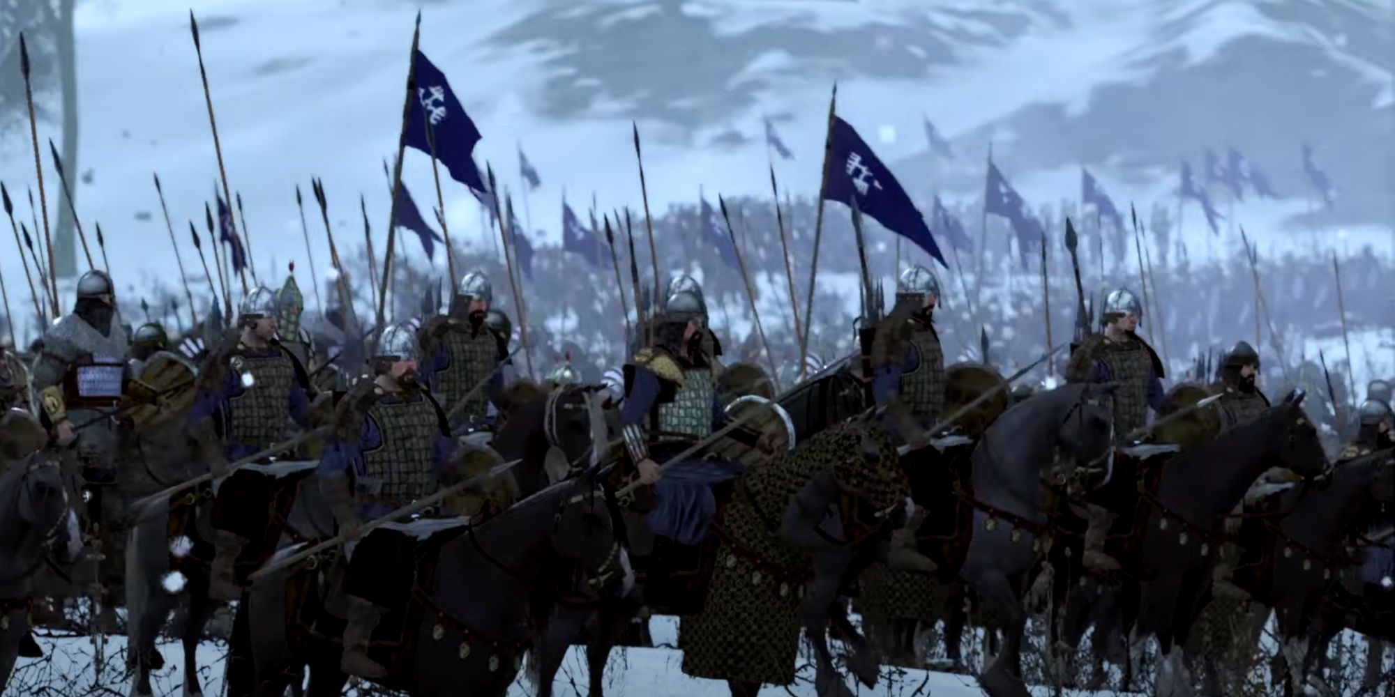 Blue army in Mount and Blade 2: Bannerlord cavalry lined up in the snow