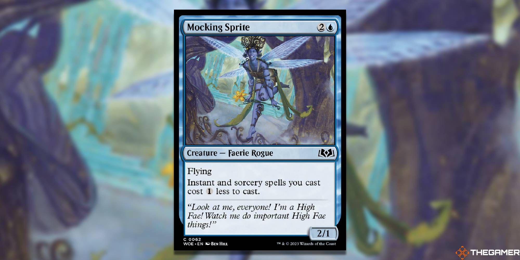 Image of the Mocking Sprite card in Magic: The Gathering, with art card and art background by Ben Hill