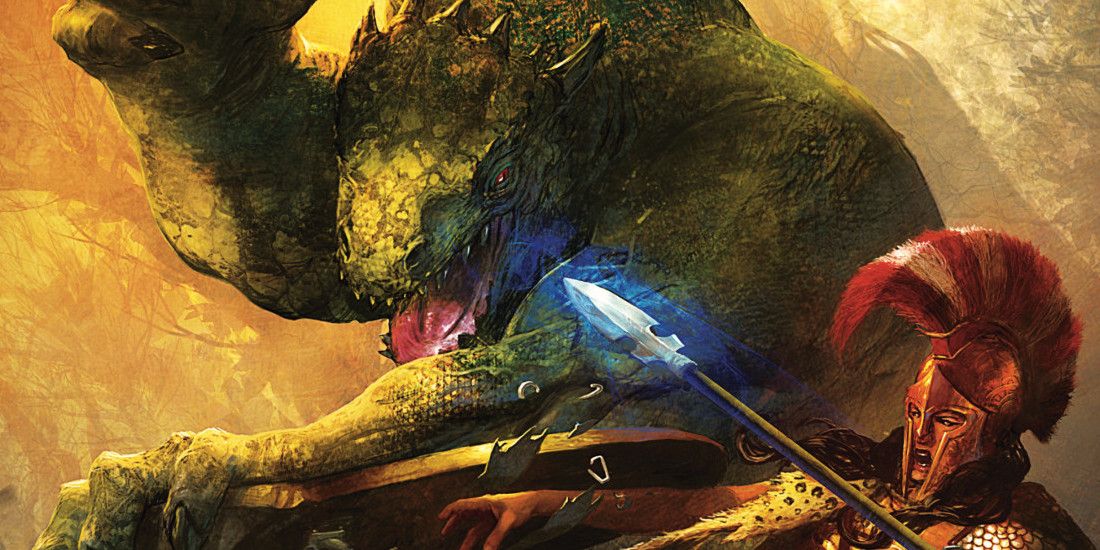 Cover art of a Roman centurion fighting a massive reptilian monster.