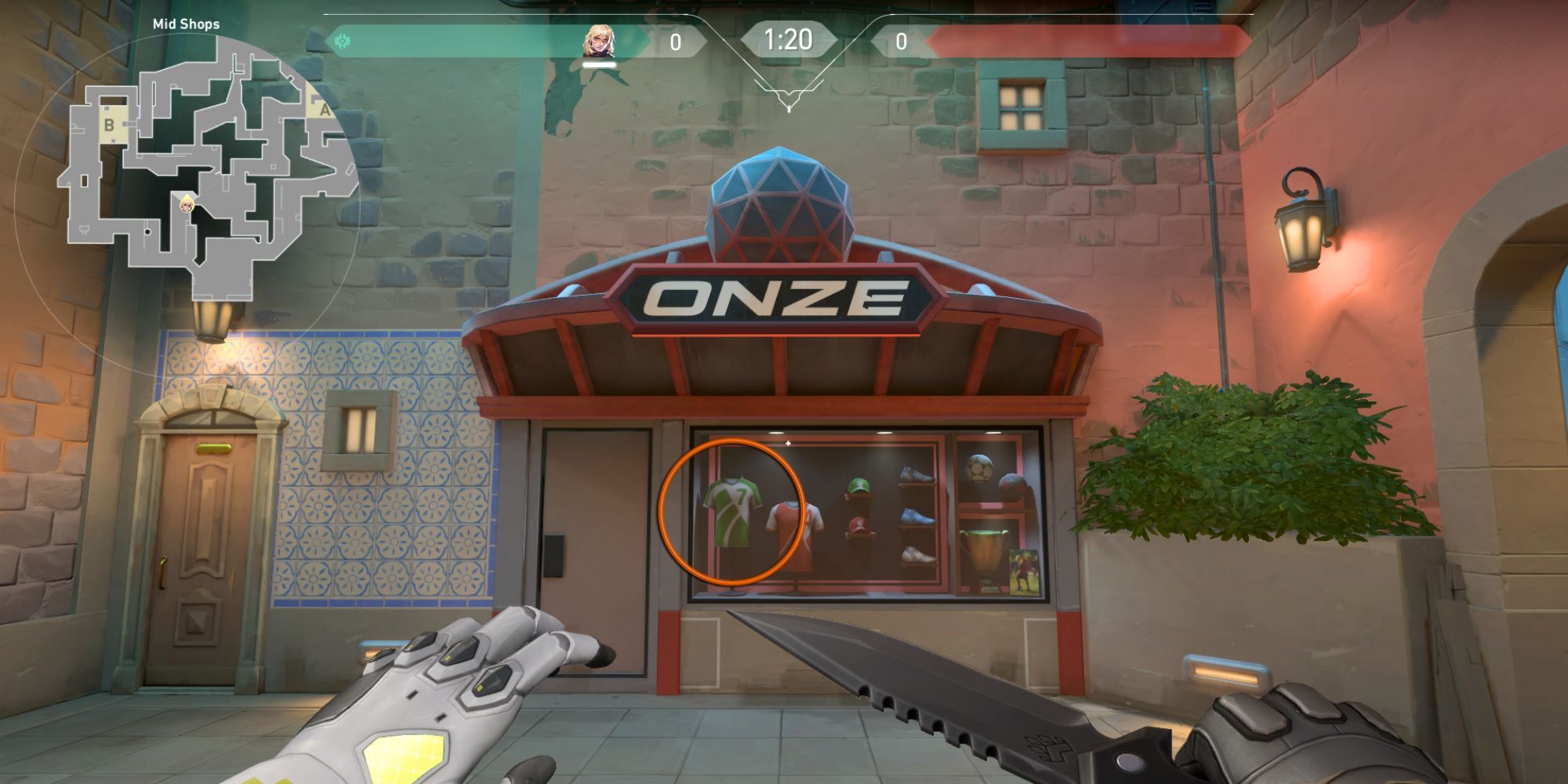 Store front of Onze sports shop with a circle around the football jersey on display window