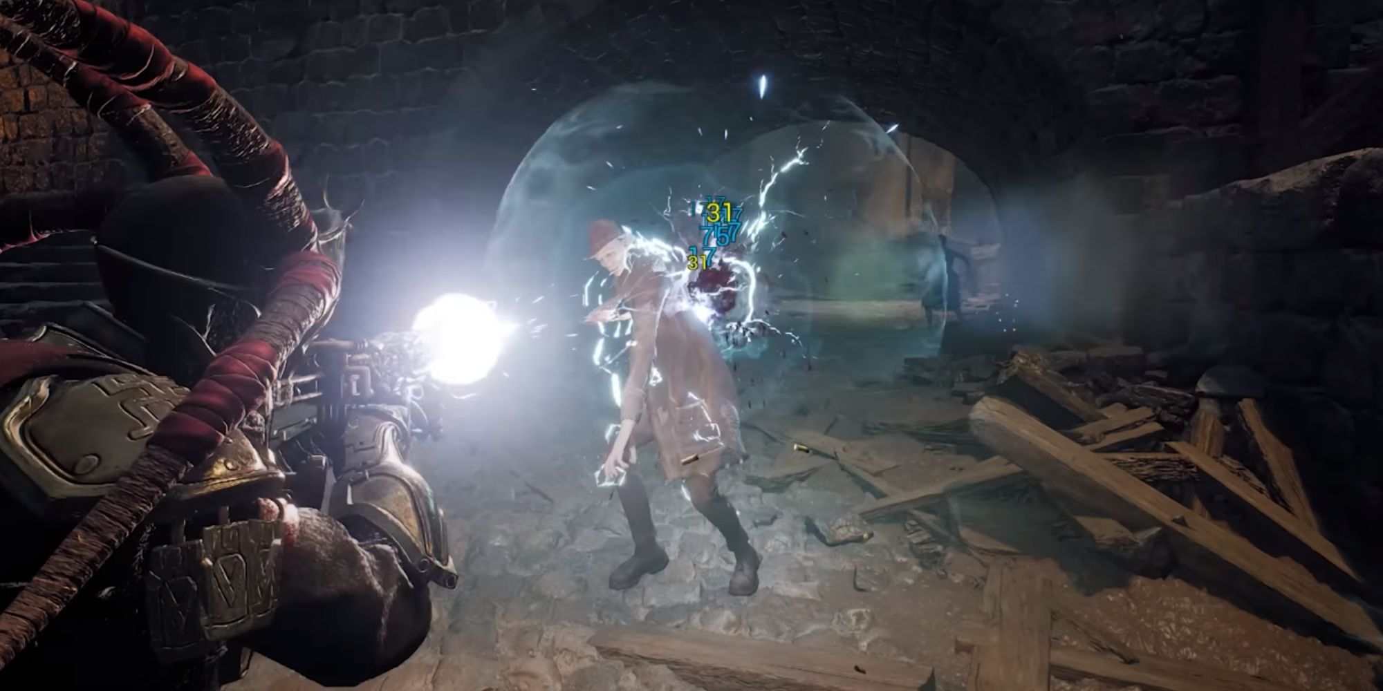 A humanoid enemy getting shocked with blue sparks from electrified overflow rounds.