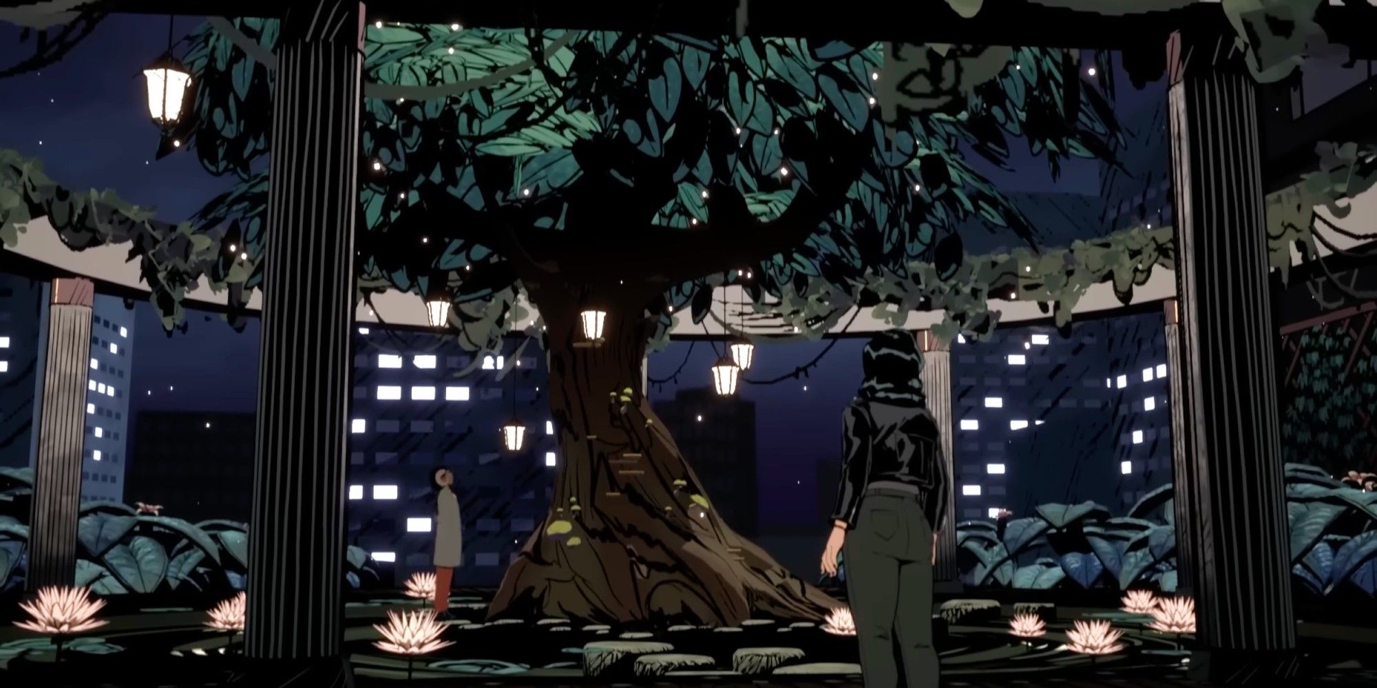 Grace walks into Pan's hangout, while he stands by the giant tree