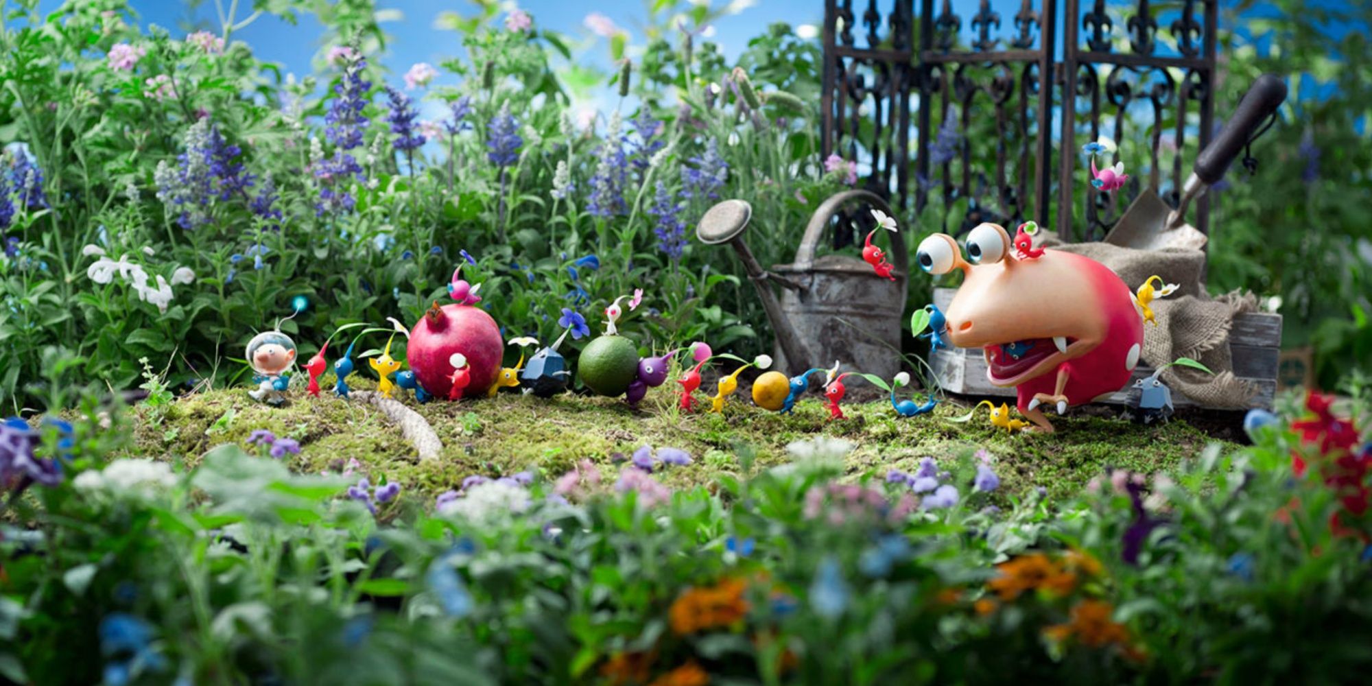 Pikmin 3 Alph leading Pikmin carrying fruit with Bulborb following