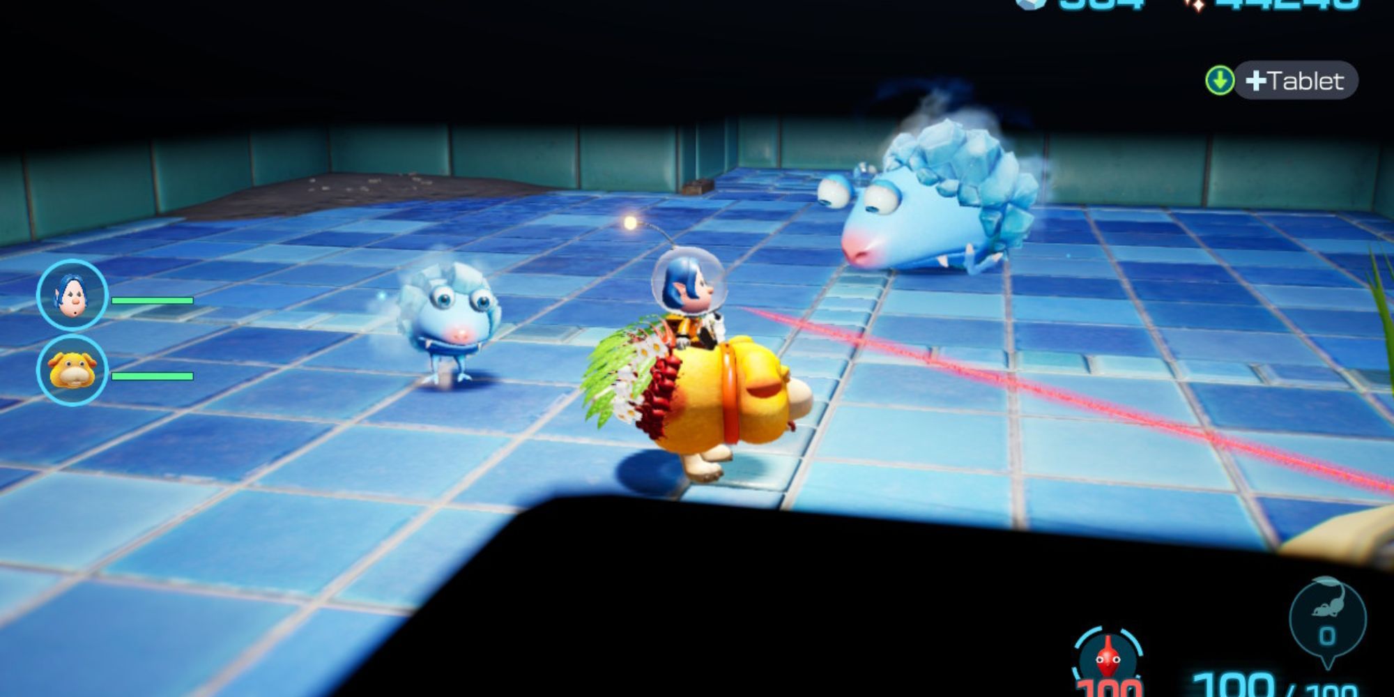 Oatchi carries the main character and Pikmin past a Dwarf Frosty Bulborb and Frosty Bulborb
