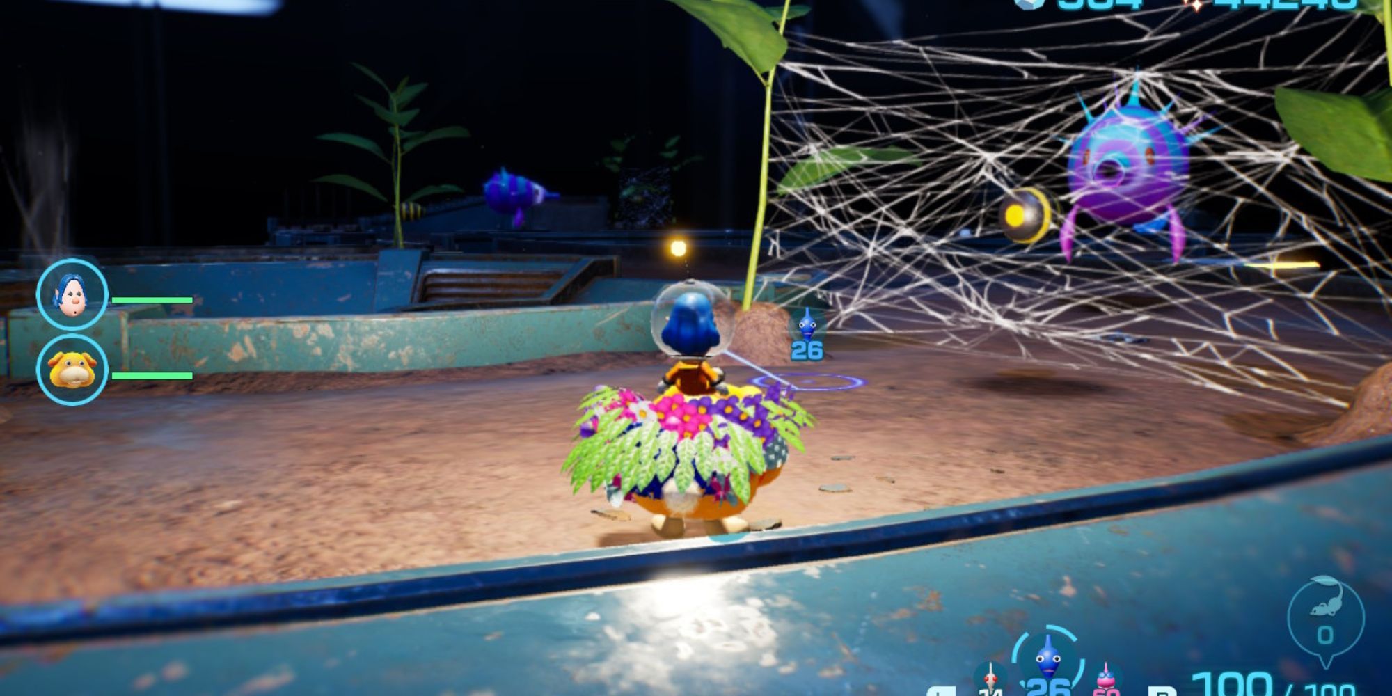 The main character sits on Oatchi with Pikmin beside a giant cobweb