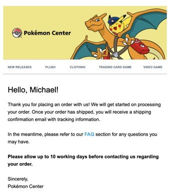 An email confirmation for a Pokemon Centre purchase.