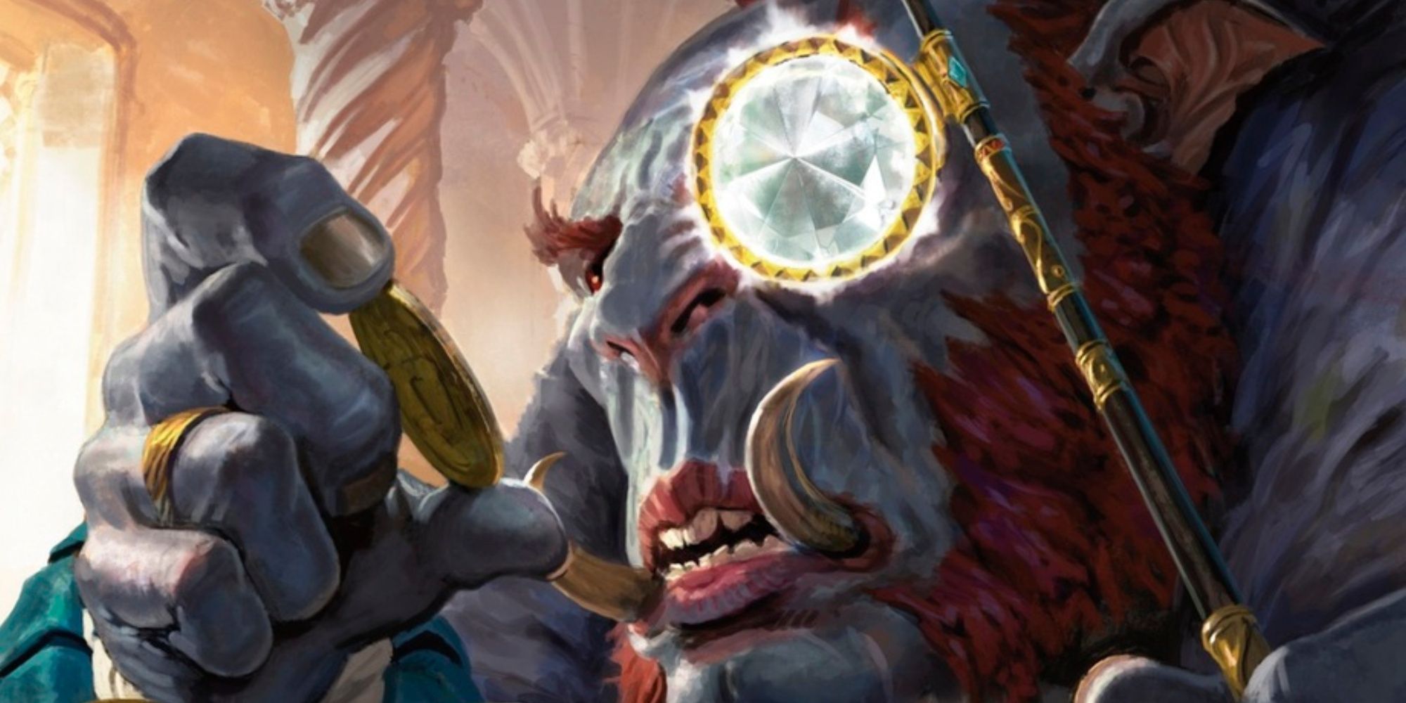 Prophetic Prism by Diego Gisbert an orc firblog man looking at a coin with a prism monocle 