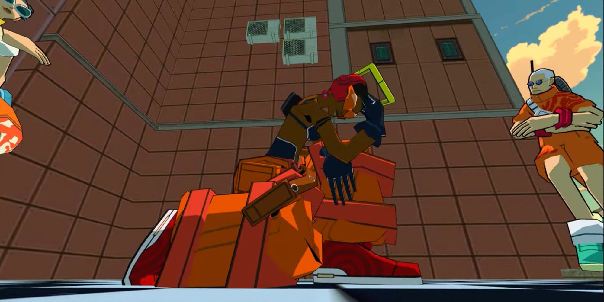 Rave on one knee doing a cool pose in Bomb Rush Cyberfunk.