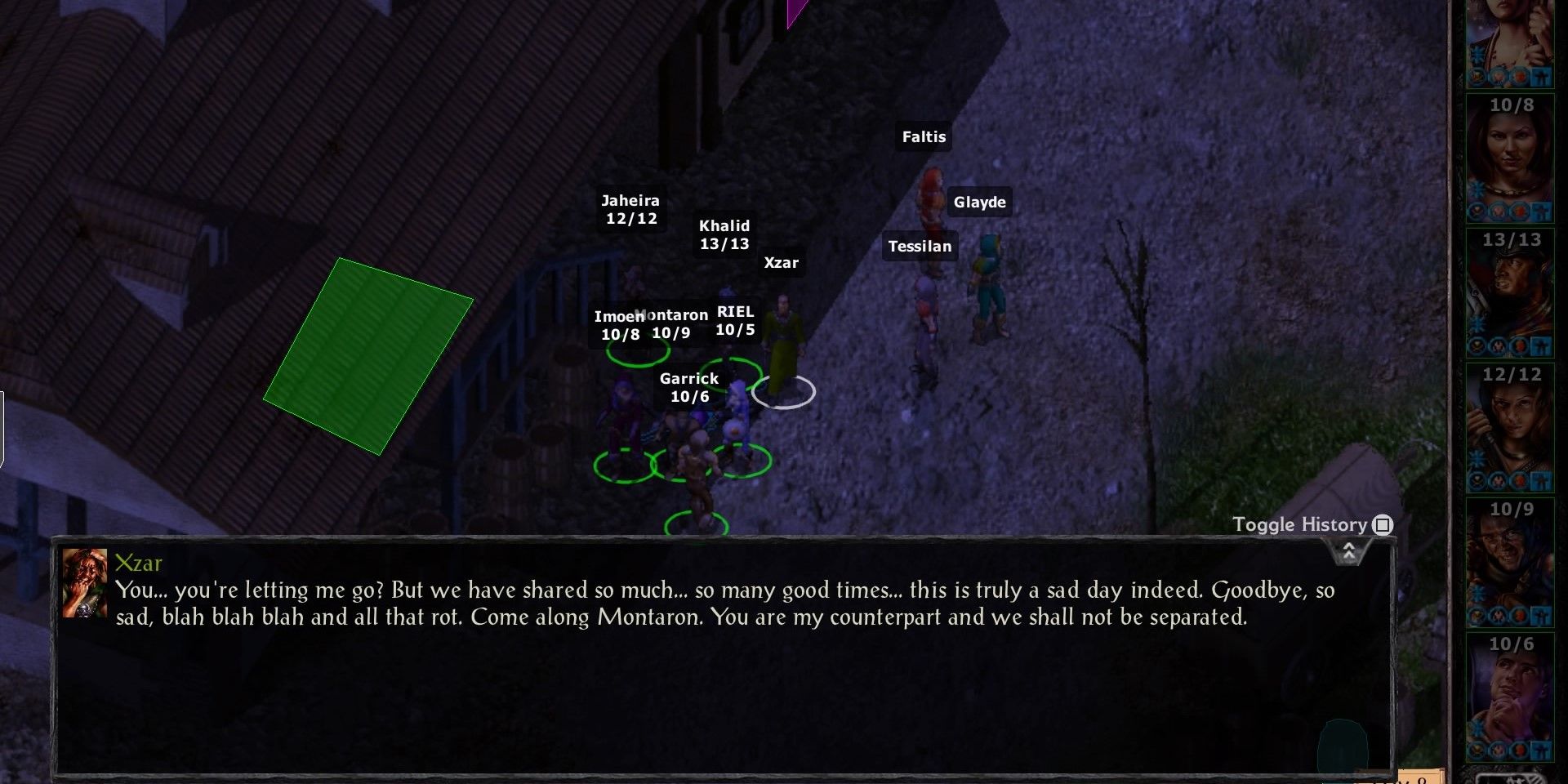 Dialogue from Xzar after being removed from party in Baldur's Gate 1