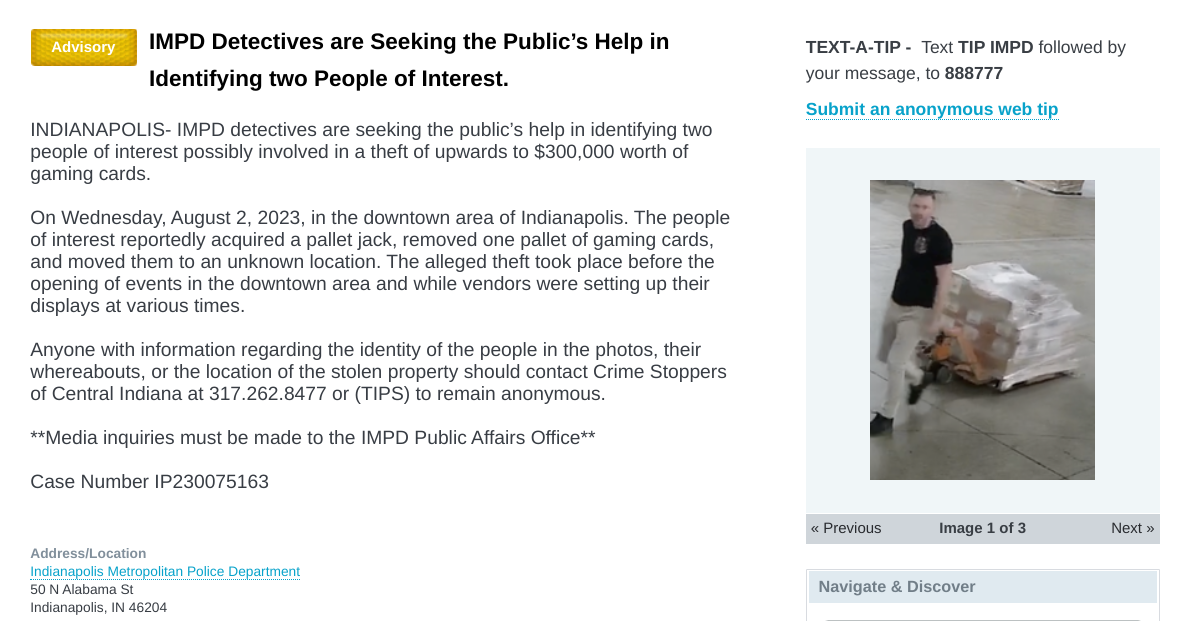 An advisory warning by the Indiana Metropolitan Police Department regarding a theft at Gen Con 2023.