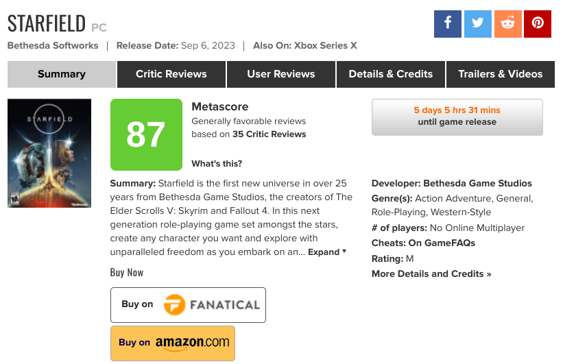 Starfield's Metacritic score at launch.
