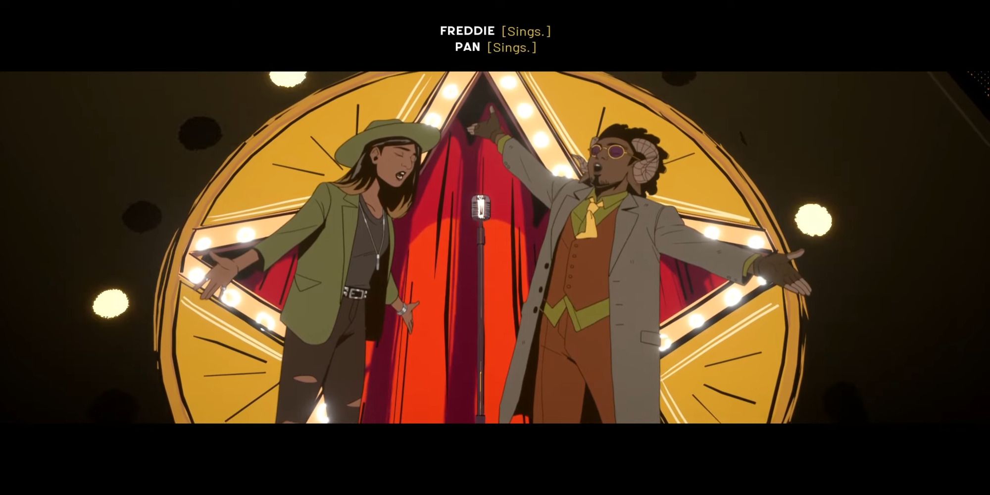 Pan and Freddie singing in Stray Gods: The Roleplaying Musical
