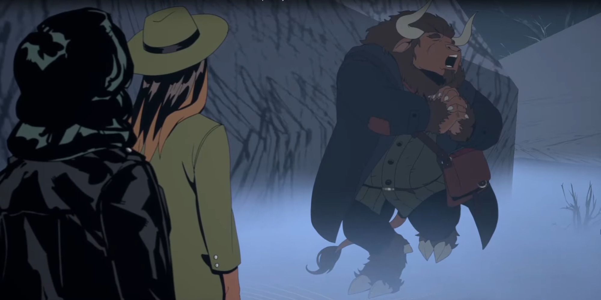 Grace, Freddie looking at an emotional Asterion from Stray Gods: The Roleplaying Musical