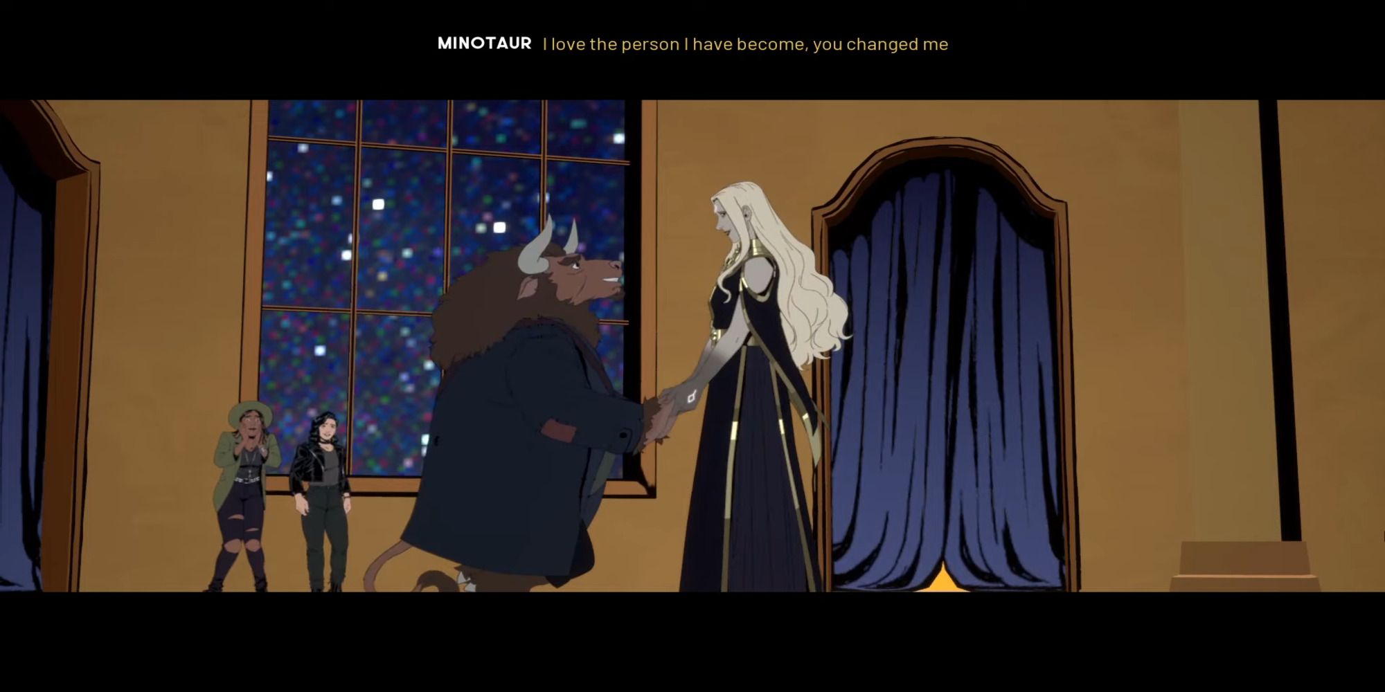 Asterion and Hecate getting together in Stray Gods: The Roleplaying Musical with Freddie and Grace looking on