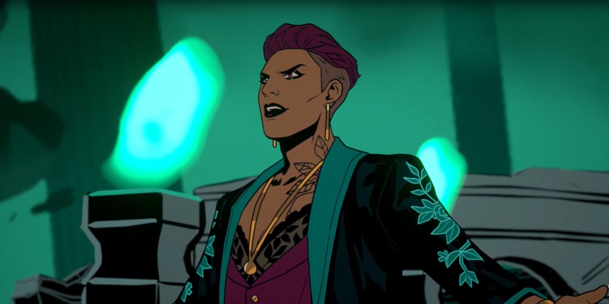 Persephone in the (true) Underworld declaring herself in front of Charon from Stray Gods: The Roleplaying Musical