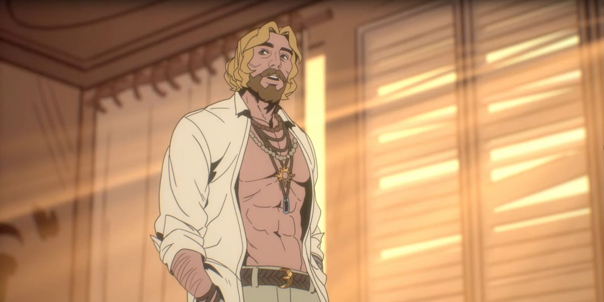 Apollo from Stray Gods: The Roleplaying Musical in his apartment