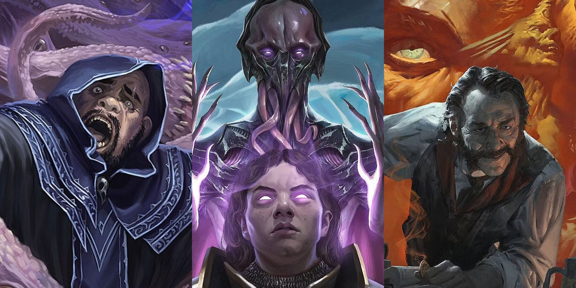 A Spellcaster trapped by a monster, a mind flayer consuming its victim, and a human NPC figure, from Dungeons & Dragons