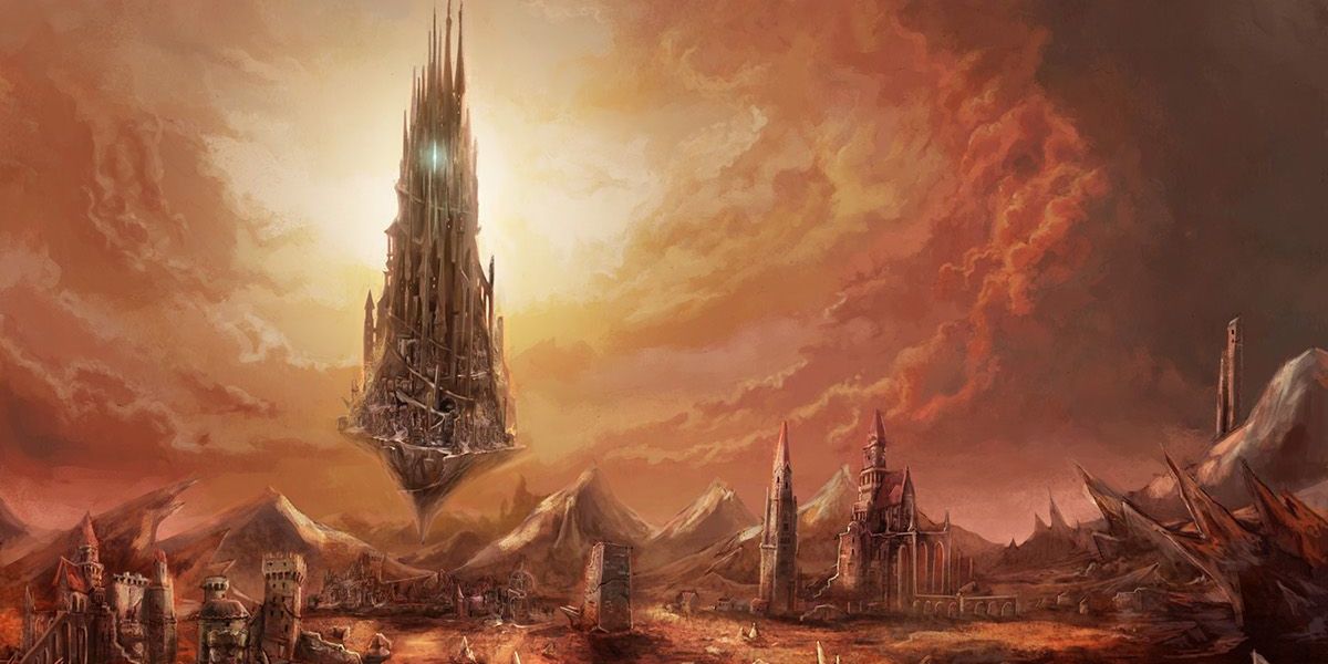 Art of a massive floating castle hovering above a barren wasteland.
