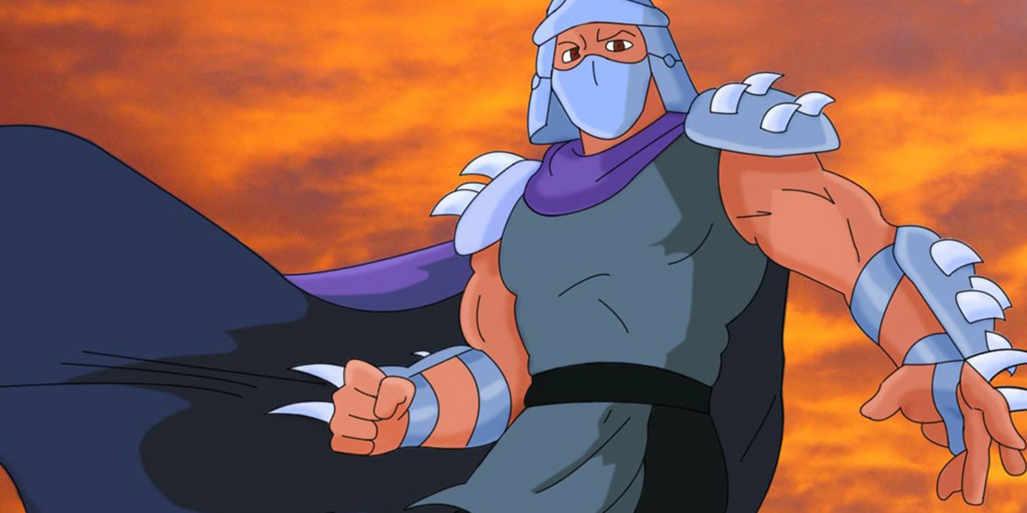 Shredder's cape flows behind him as he stands in front of a blazing orange background.