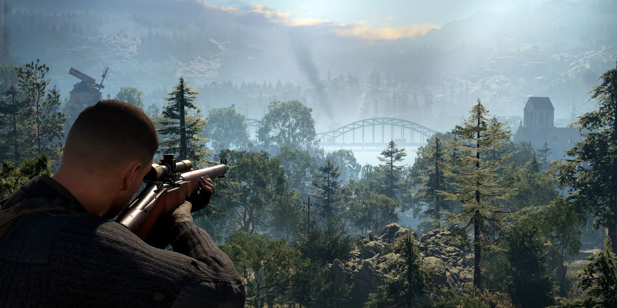 Sniper Elite 5 Screenshot Of Rough Landing DLC mission showing Karl Aiming At Bridge