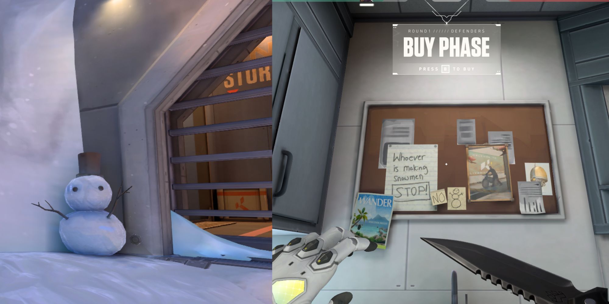 Left image of snowman with top hat on B in Icebox and right image of notice board