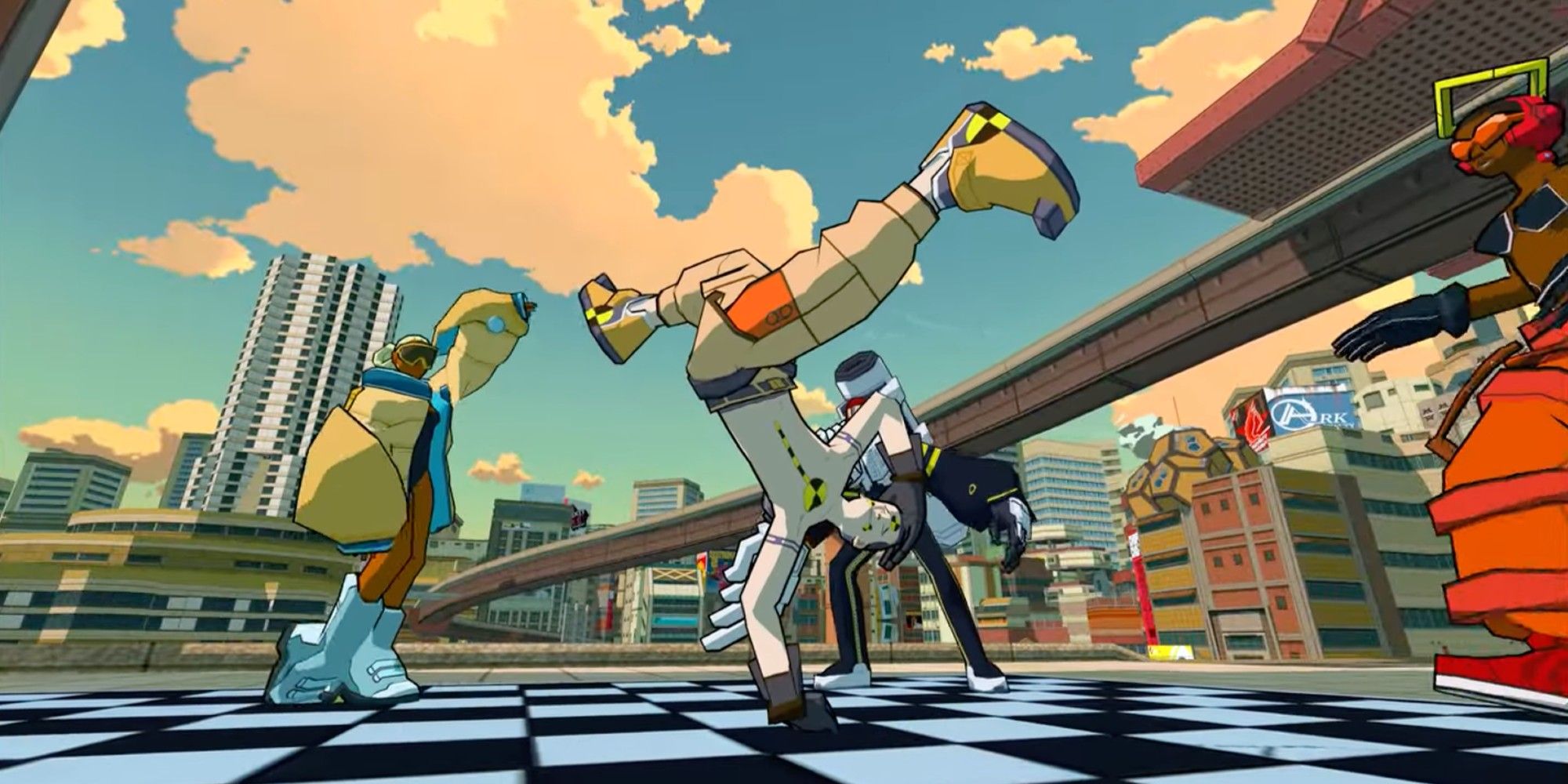 Solace posing with his legs in the air in Bomb Rush Cyberfunk.