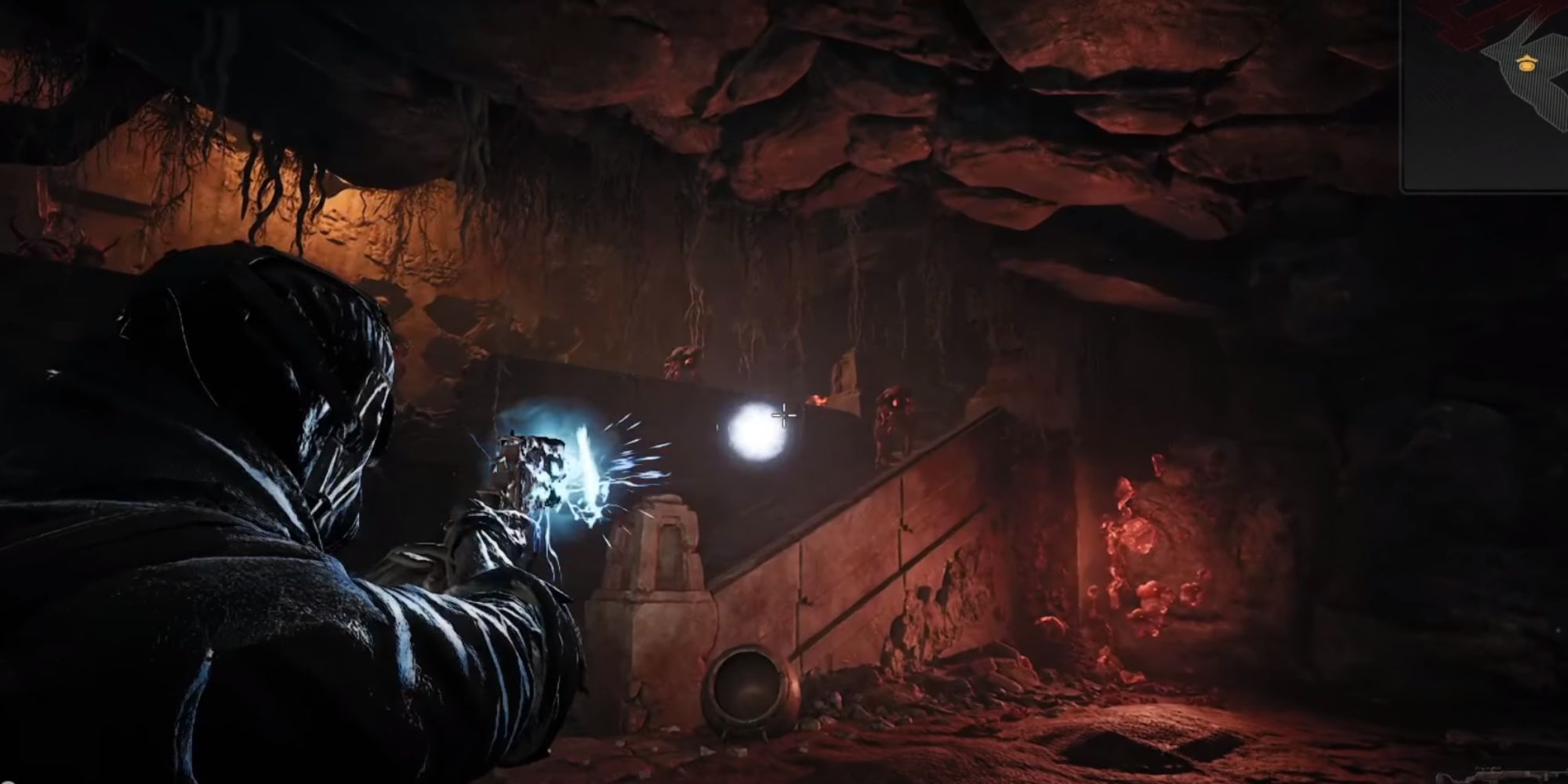 A revolver firing a bright blue projectile towards a group of enemies.