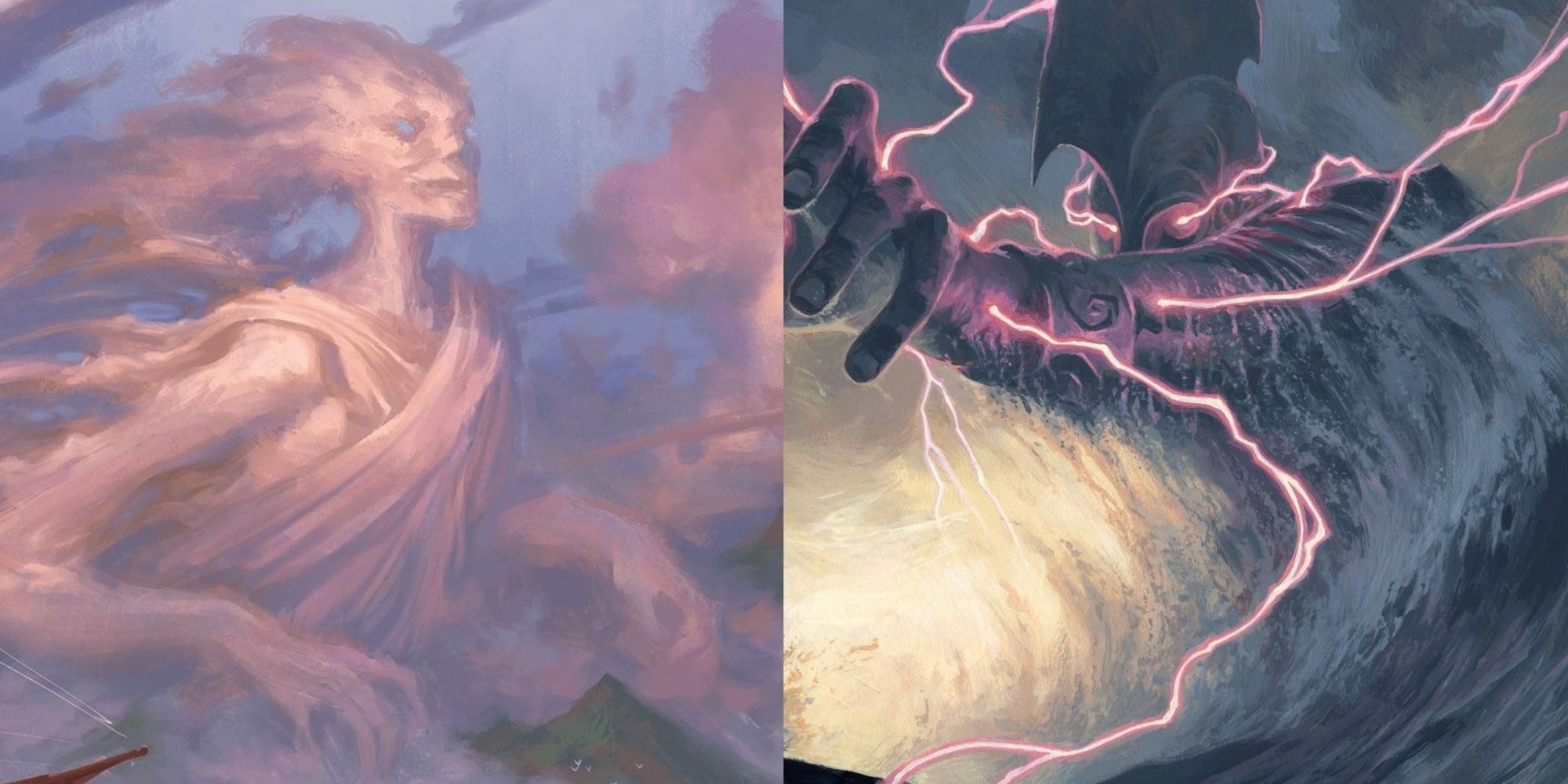 Split images of Cloud Scion by Andrew Mar and Hall of the Storm Giant (Variant) by Alex Stone