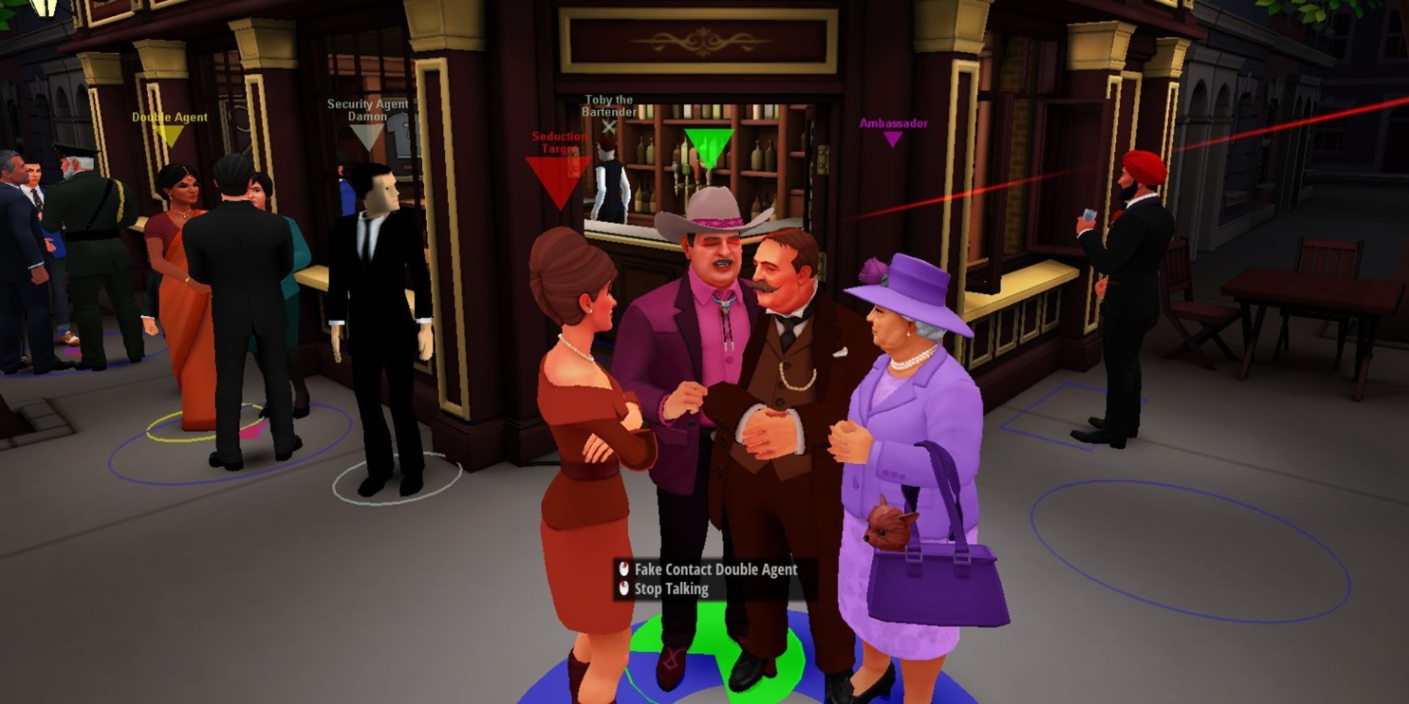 a group of elites talking at a party while a laser scope focuses on the one in a cowboy hat
