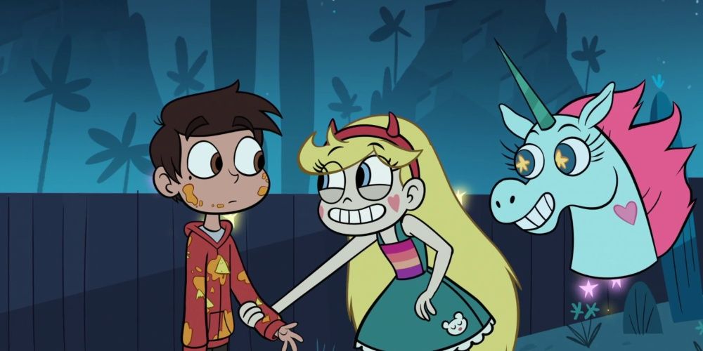 Star Vs The Forces Of Evil: Star and Marco Holding Hands Next To A Unicorn