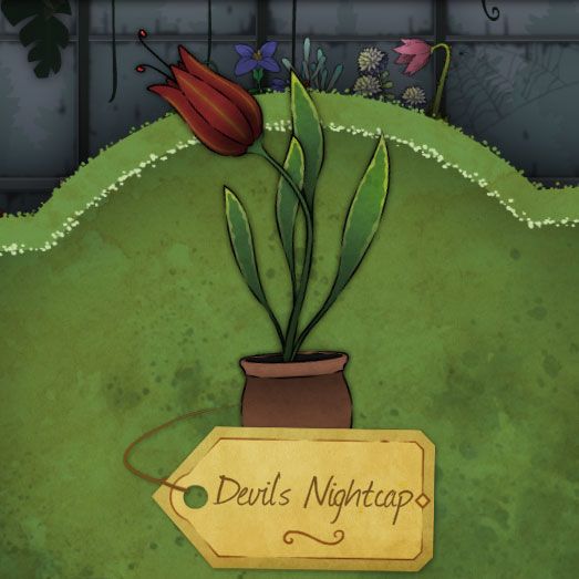 A red flower. Shaped like a bell. A tulip by the name of Devil's-Nightcap in Strange Horticulture.