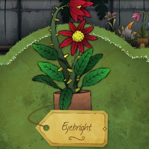 A red flower with sharply angled petals and a bright yellow pistil that looks like a lot of small spheres in a cluster. It has big yellow thorns. It is called Eyebright in Strange Horticulture.