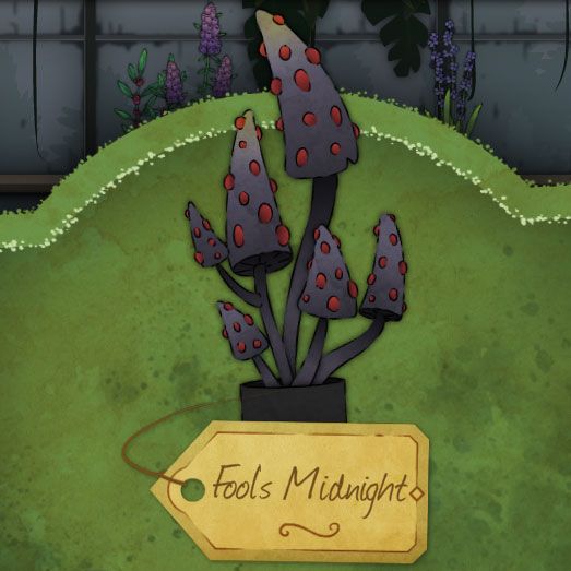 A long, dark purple (almost black) mushroom with protruding red spores called Fool's-Midnight in Strange Horticulture.