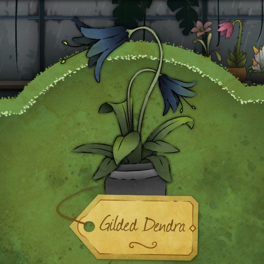 A droopy blue flower with bright green pistils protruding from it. Its leaves are unremarkable, which will help you tell it apart from similar plants. It is called Gilded Dendra in Strange-Horticulture