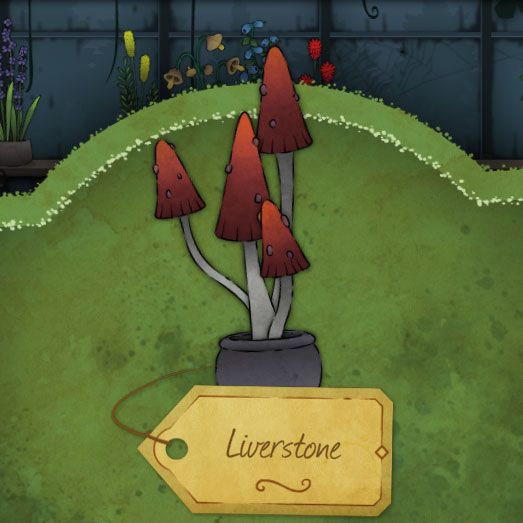 A long mushroom, orange fading to dark red and protruding brown spores. It is called Liverstone in Strange Horticulture.